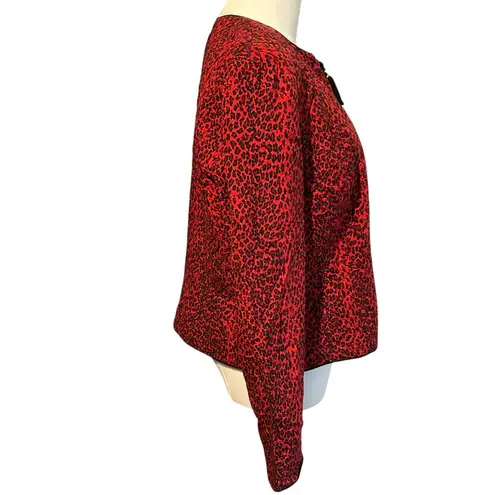 Vtg 80's Maggy London 100% Silk Jacket Womens Sz 14P Red Black Leopard Coat