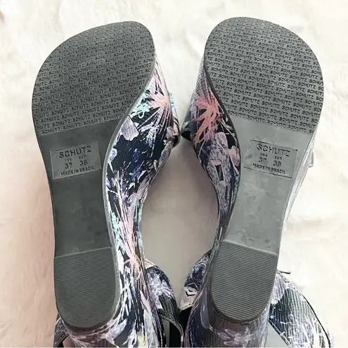 Schutz Platform Wedge Sandals Black Purple Blue Floral Size 9