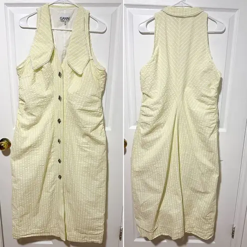 Ganni Seersucker Stripe Midi Dress Stripe Flan Size 14 Yellow
