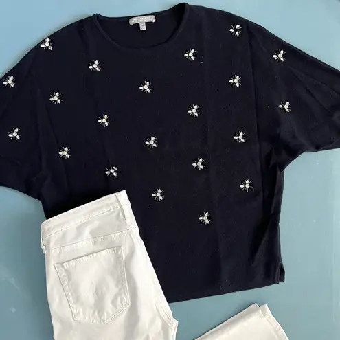 Neiman Marcus Cashmere Collection Embellished Navy Blue Crewneck Sweater