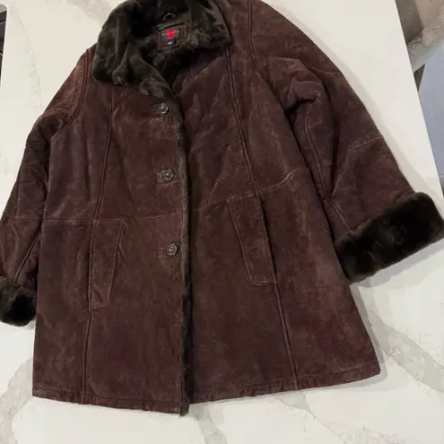 Gallery Vintage  Genuine Leather Suede Button Front Coat w/Faux Fur Trim Womens L