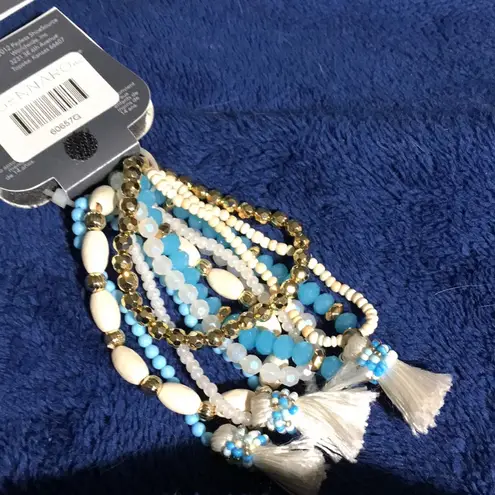7 Pack Bracelets Blue/White/Gold Beaded Crystals Fringed NWT Blue
