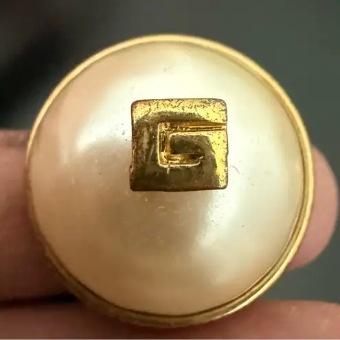 Givenchy Rare Vintage G Logo Gold-tone Faux Pearl Dome Button Clip On Earrings