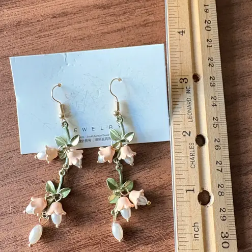 Lily of the Valley Pearl Drop Earrings boho Floral Dangle‎ Green Stem Design - Image 3