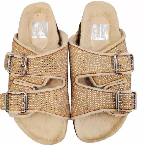 Dolce Vita Bonita Slide Sandal Rhinestone Double Strap Fur Lined Size 6.5 New Silver