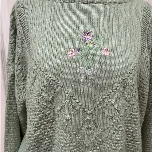 Vintage Liz Thomas Knit Sweater – Light Green Floral – Size L Size L