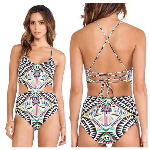 Mara Hoffman Cosmic Fountain Lace Up Cut Out One Piece Swimsuit Bathing Suit