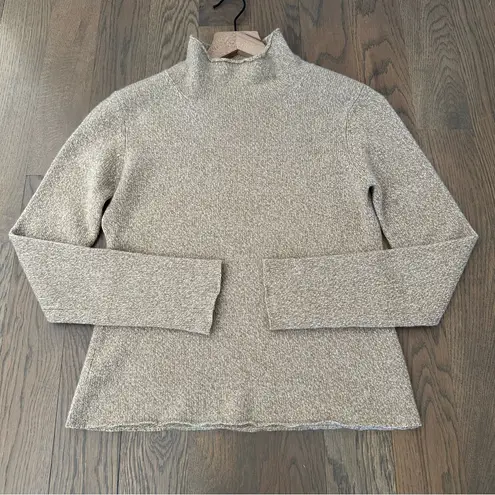TSE 100% Cashmere Classic Knit Funnel Neck Sweater Tan and White Melange Small
