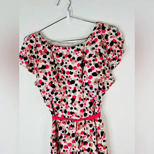 Danny & Nicole Pink Black & Tan Polka Dot Ruffled Open Sleeve Midi Dress Size 4