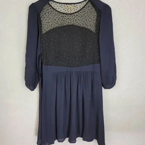 The Korner Womens Dress Size L Navy Beaded 3/4 Sleeve Sheer Back A