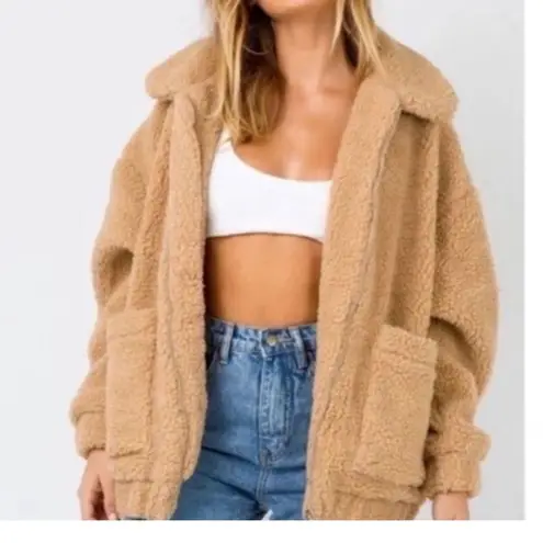 I am gia I. AM. GIA Pixie full zip Sherpa Teddy Bear Jacket in Caramel color. XS thumbnail 4