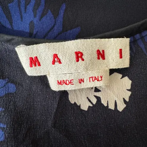 MARNI Silk Crepe Sleeveless Floral V Neck Blue Blouse Size 6 EU 42