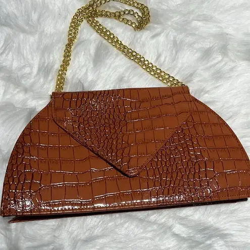 Joy & Iman Orange Crocodile Embossed Bag with Gold shoulder strap B91 Brown