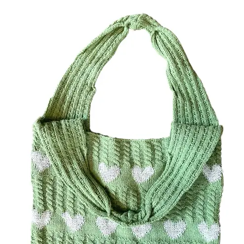 None Crochet Heart Tote Bag Green Shoulder Bag Cute Knit Purse Y2K Aesthetic Love