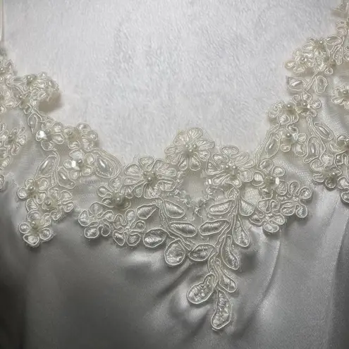 Ivory Satin Beaded Gown Slip Dress Womens XL Bridal Lingerie Romantic Bow
