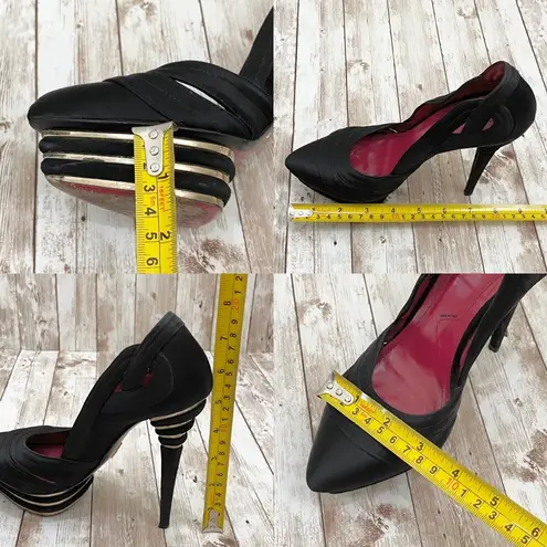 CESARE PACIOTTI Italy Black Satin Red Soles Platform Heels Stiletto Pumps 37.5 Size 6.5