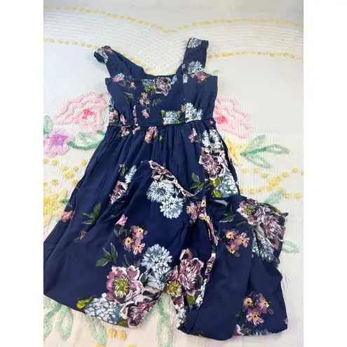 Bohemian Collective Navy Floral Wide Leg Jumpsuit Smocked Bodice Belted Size S Blue