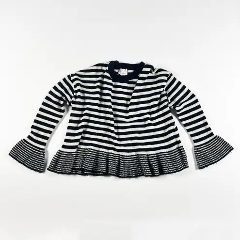 Cinq à Sept Cinq A Sept Wool Blend Stretch Knit Black White Stripe Ruffle Pullover Sweater M