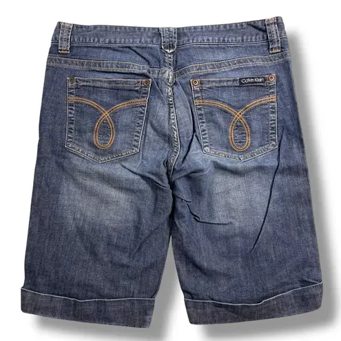 Calvin Klein Jeans Womens Denim Blue Jean Bermuda Shorts Dark Wash Rolled Cuffs