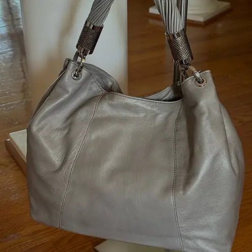 Michael Kors Collection Classic Tonne Hobo Bag Gray Leather and Silver Accents.