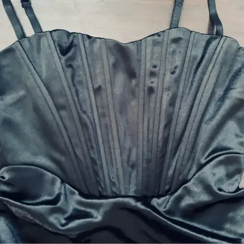 NWT LINJOU Black Satin/Silk Sweetheart Corset Ruched Wrap Bodycon Dress | M Size M