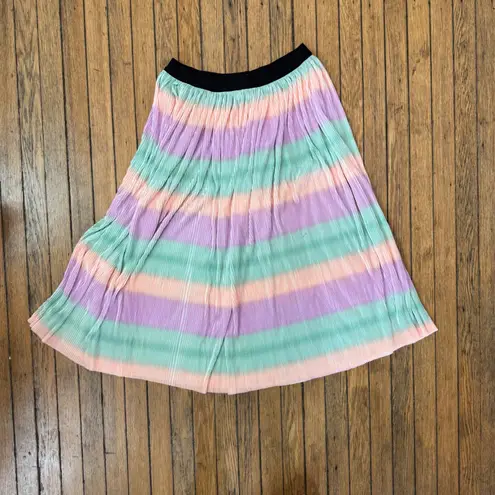 Unique Vintage Pleated Midi Skirt Pastel Striped Stretch Waist L