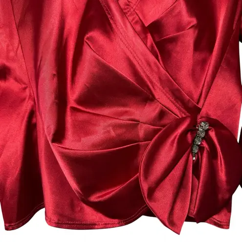 VTG Y2K J.R. Nites Red Satin Wrap Blazer Blouse Rhinestone Bow Evening Top 10P