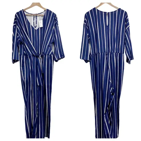 Ny Collection Women Jumpsuit 2X Striped Navy Stretchy Wide Leg Plus Size Career