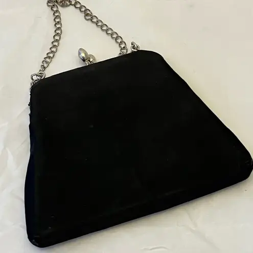 Black Satin and Beaded Purse, Chain Strap, Vintage VGUC