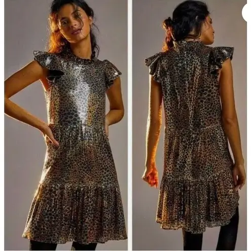 Anthropologie  Othilia Womens Dress Size S Brown Joella Sequin Leopard Party Glam