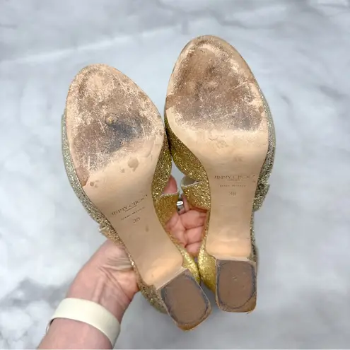 Jimmy Choo April 120 Metallic Foil Leather Platform Sandal Block Heels Gold 39