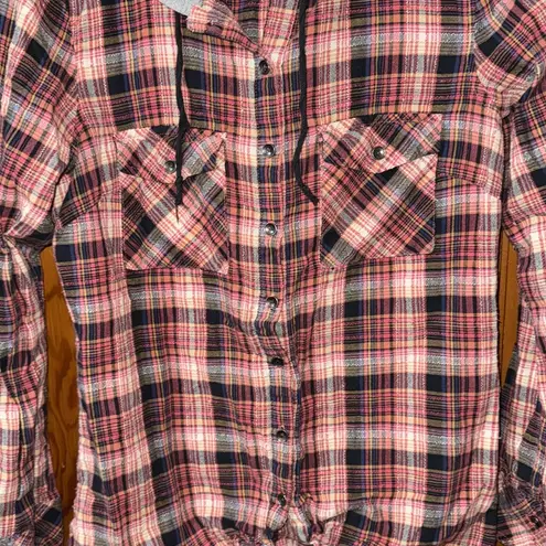 BKE Red and Gray Plaid Hooded Shirt