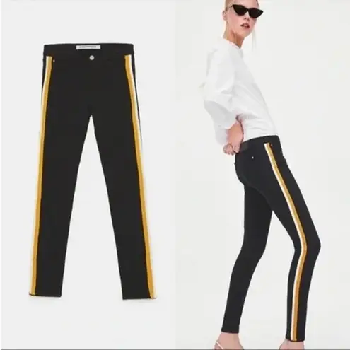 ZARA Trafaluc Denim Collection Side Stripe Skinny Jeans Black Yellow Women’s Sz 4