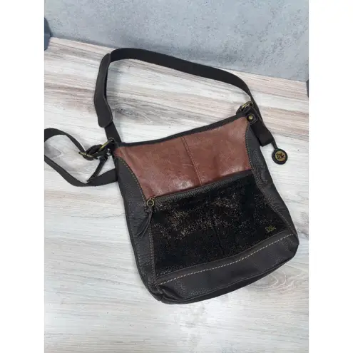 The Sak Iris Leather Crossbody Brown Black Two Tone Metallic Suede Shoulder Bag