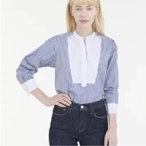 Spanx  Poplin Tuxedo Button Front Shirt Blue and White Striped Blouse Small thumbnail 3