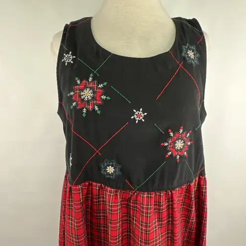 Vtg Bobbie Brooks M Jumper Dress Scottish Plaid Embroidered Modest Christmas Black Size M