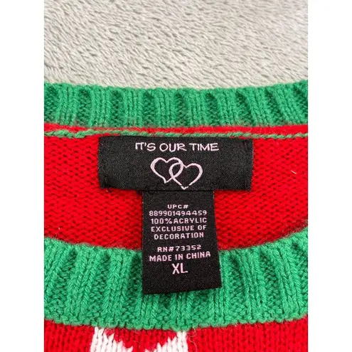 it's our time Festive Reindeer Christmas Sweater Sequin Green Trims Holiday Ugly Sweater