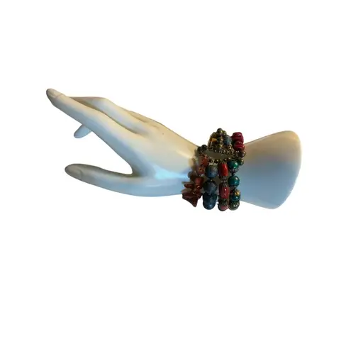 Colorful Multicolor Beaded Elastic Bracelet Set With Turquoise Red Amber & Yello