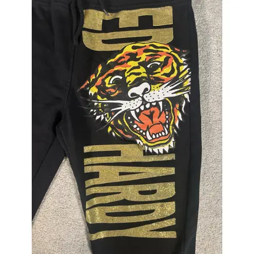 Ed Hardy vintage sweatpants tapered large black tiger gold shimmer Y2k