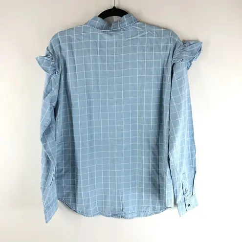 Peace Love World Plaid Printed Shirt with Ruffles Button Front Cotton Blue XS