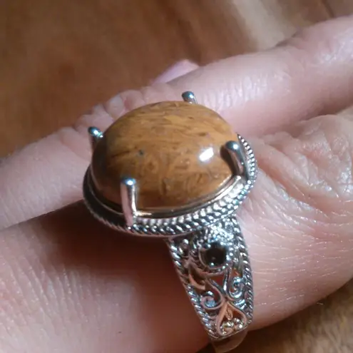 Script Stone and Brazilian Smokey Quartz Solitaire Copper Ring (Size 9)