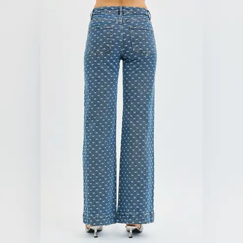 RISEN High Rise Wide Leg Bow Embroidered Jeans Blue Size 0