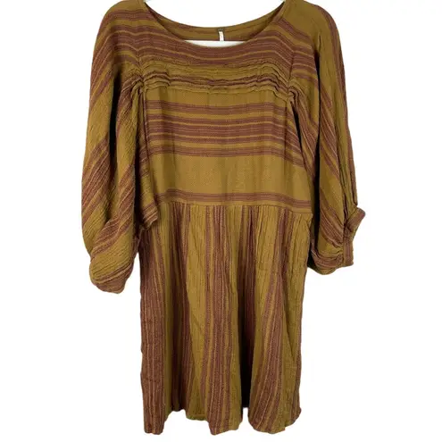 Free People  Boho Gauze Cotton Brown Burgundy‎ Striped Lilly Mini Dress Size XS