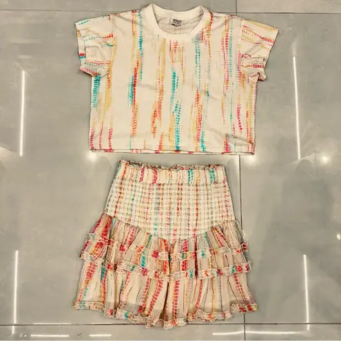 Hemant And Nandita Tie Dye Boho Metallic Frilly Smocked Mini Skirt and top Yellow