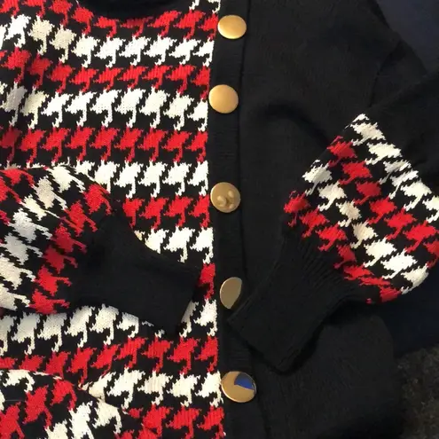 Lillie Rubin Vintage 80s Turtleneck Sweater Houndstooth Black Red Gold Buttons S