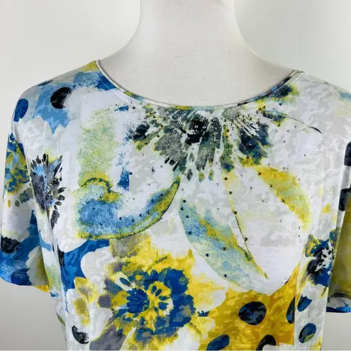 Allison Daley Floral Watercolor Rhinestone Embellished Top Colorful Artsy Blouse