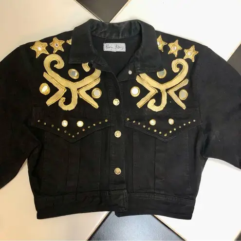 Paris Blues Vintage Y2K Denim Jean Jacket Black Gold Glitter Stars Mirrored sz M