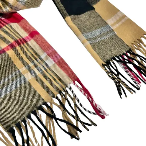 Women’s Better Than Cashmere red tan black plaid fringe scarf