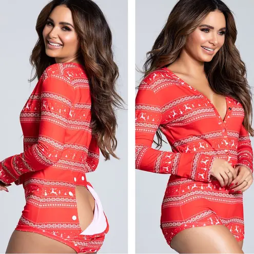 Yandy Red Reindeer Festive Print Romper Sleepwear Button Up Large Holiday Pj’s