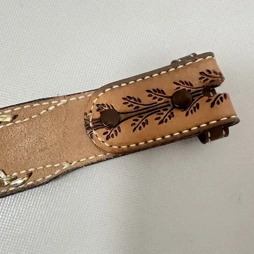 Cowhide Belt Womens 34” Tan Gold Floral Tooled Leather Personalized Vintage